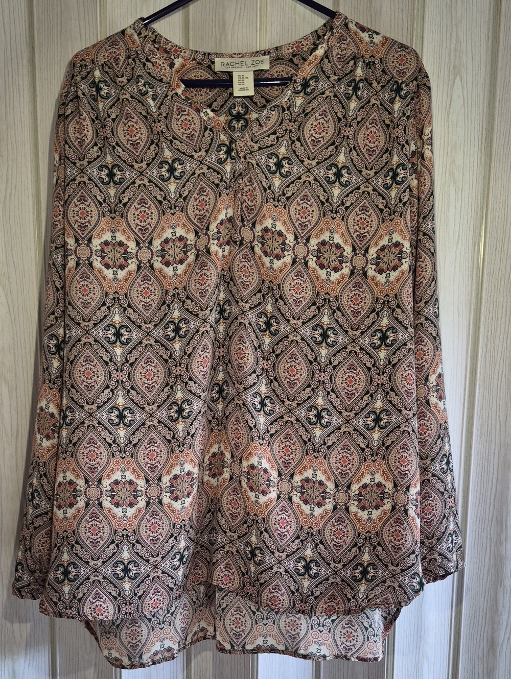 Rachel Zoe Beige Paisley Long-Sleeve Blouse with Black & Rust Accents